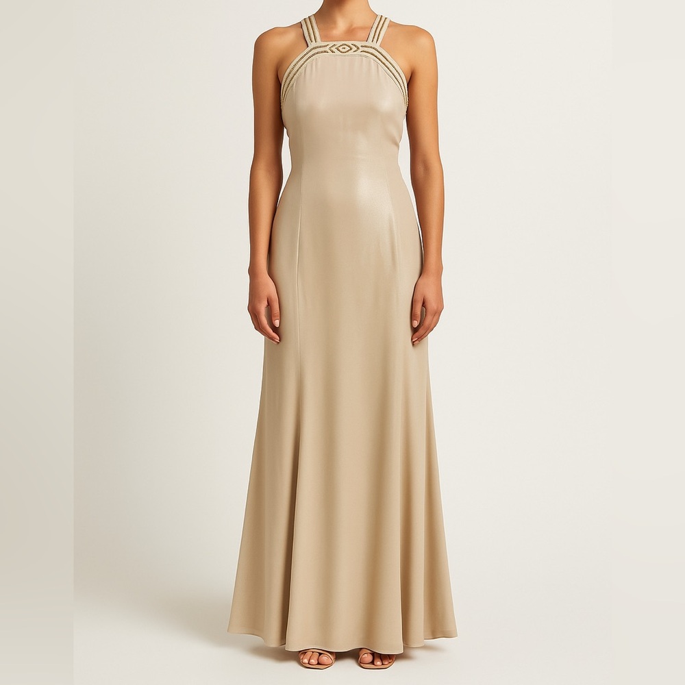 Promod beige nude Beaded Satin lined maxi formal evening party dress Gown–Size10